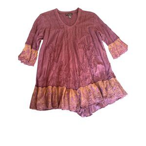 Gretty Zuger Boho-Style Embroidered Cotton Tunic Top Lace Trim  XL Pink Purple